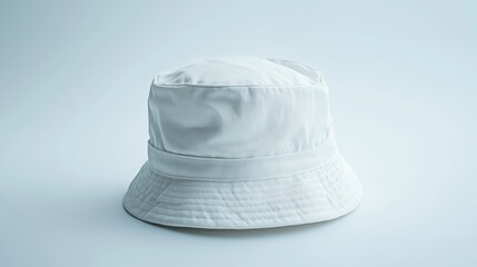Fototapeta premium Minimalist white bucket hat with fine-lined brim on a white background, emphasizing its clean and versatile design.