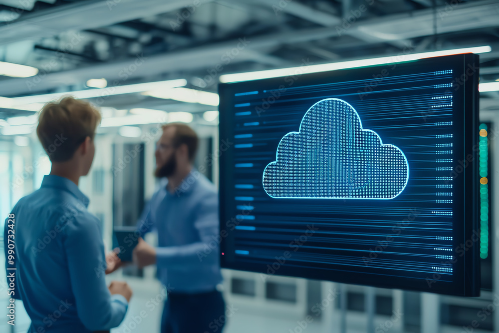 Poster a team of it professionals discussing cloud storage deployment strategies in a hightech office
