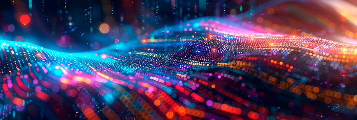 wavy background with digital pixels, circuit board patterns and colorful icons symbolizing innovation and progress