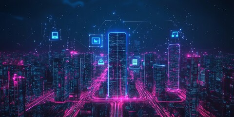 Neon city skyline with digital icons and glowing lines, depicting a connected world.