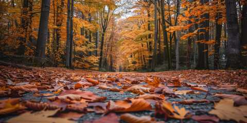 A scenic pathway covered with fallen golden leaves, flanked by tall trees with vibrant autumn foliage in shades .