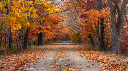 Naklejka premium A scenic pathway covered with fallen golden leaves, flanked by tall trees with vibrant autumn foliage in shades .