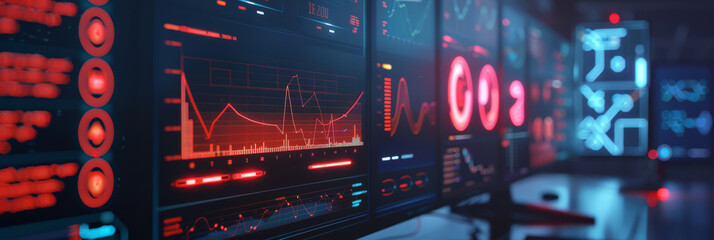 A futuristic computer monitor displaying an abstract network monitoring dashboard with swirling patterns and real-time data analytics.