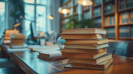 A legal advisor in a busy office, balancing business contracts and investment details, legal processing books stacked on the desk.