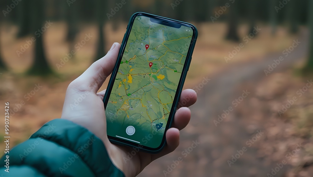 Poster closeup of a hand holding a smartphone with a map app open, showing a zoomed-in view of a rural area