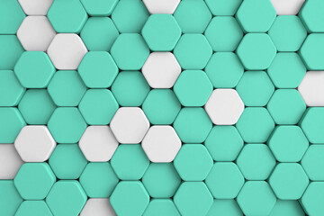 A calming and orderly pattern of teal and white hexagons forms this 3D geometric backdrop, ideal for adding a touch of tranquility to any space