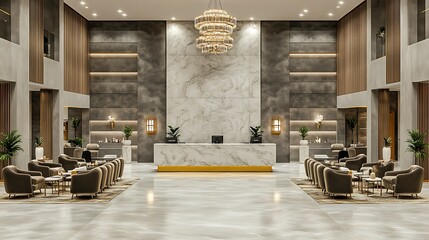 A sophisticated hotel lobby with a sleek modern design, featuring a marble reception desk, plush velvet chairs, gold accents, a grand chandelier hanging from a high ceiling,