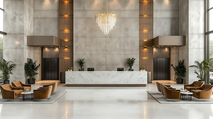 A sophisticated hotel lobby with a sleek modern design, featuring a marble reception desk, plush velvet chairs, gold accents, a grand chandelier hanging from a high ceiling,