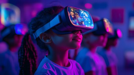 Children from different ethnic backgrounds interacting with AI-powered holograms using VR headsets in a smart tech classroom, soft neon glow, digital illustration, warm and inclusive atmosphere