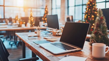 Festive office workspace with Christmas decorations and a cozy atmosphere for winter productivity