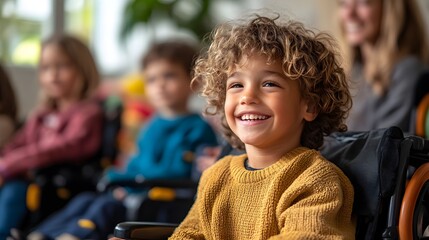 Children with special needs in a sunny rehab center, sharing stories and learning together with supportive educators, showcasing inclusive education