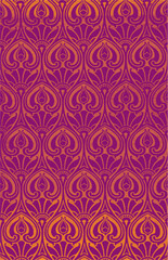 Intricate, stylized orange flowers on a bright purple background, creating a , decorative pattern.