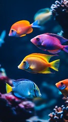 Fototapeta premium A group of colorful tropical fish swimming in the water, with vibrant colors and beautiful coral reefs around them