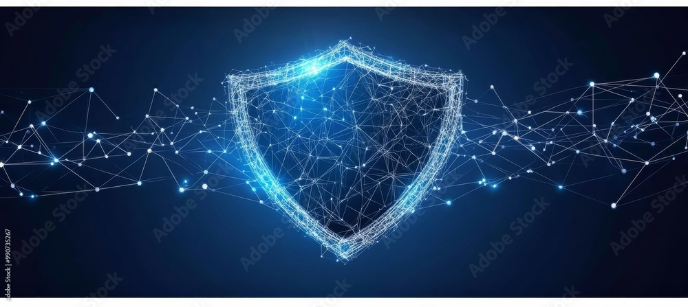 Poster abstract blue shield protecting digital data in cyberspace, data security and privacy concept