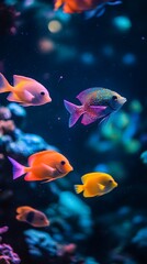 A group of colorful tropical fish swimming in the water, with vibrant colors and beautiful coral reefs around them