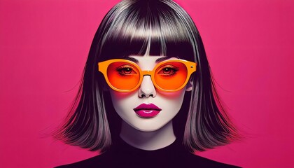 Fototapeta premium Chic woman with a bob haircut strikes a pose in orange sunglasses against a vibrant pink backdrop