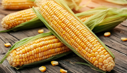 Fresh corn on the cob with husks, showcasing vibrant yellow kernels against a rustic wooden background.