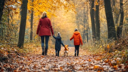 Fototapeta premium A family dressed in autumn clothes, taking a leisurely walk with their child and a dog through the colorful fallen leaves, creates a warm and together atmosphere.