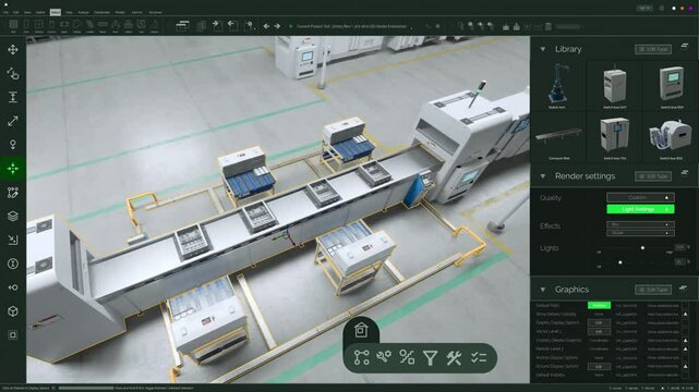 Screen Replacement Software Mockup: Advanced Manufacturing Factory: 3D CAD Software Renders Automated Production Line With Robotic Arms, assembly Conveyors. Moving and Optimizing Machinery