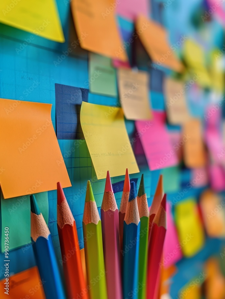Poster the image depicts a collection of colorful blanc empty sticky notes attached to a wall or board.