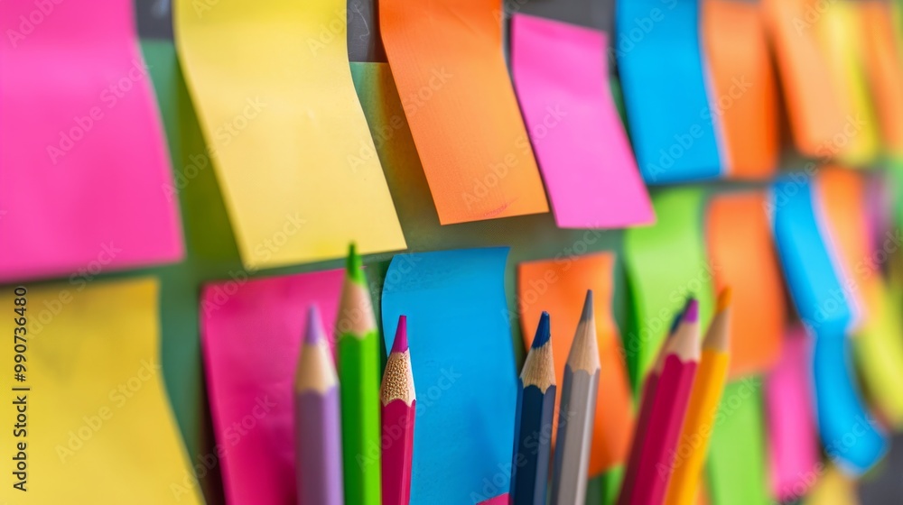 Poster the image depicts a collection of colorful blanc empty sticky notes attached to a wall or board.