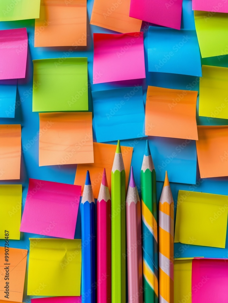 Poster the image depicts a collection of colorful blanc empty sticky notes attached to a wall or board.