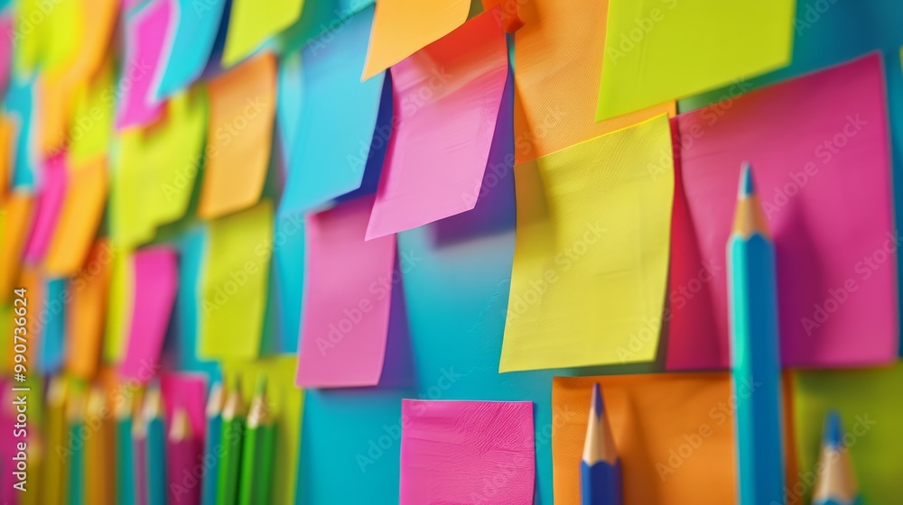 Poster the image depicts a collection of colorful blanc empty sticky notes attached to a wall or board.