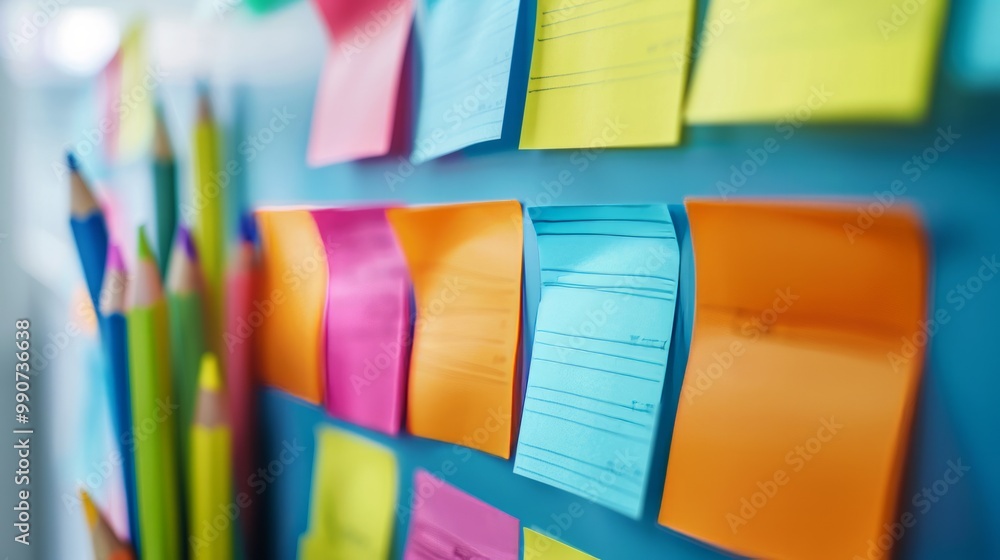 Poster the image depicts a collection of colorful blanc empty sticky notes attached to a wall or board.