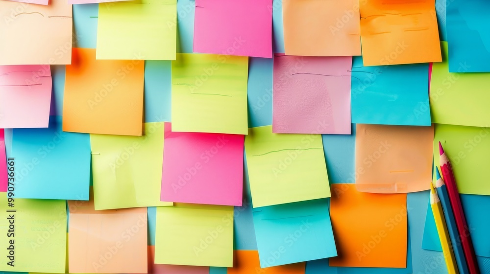 Poster the image depicts a collection of colorful blanc empty sticky notes attached to a wall or board.