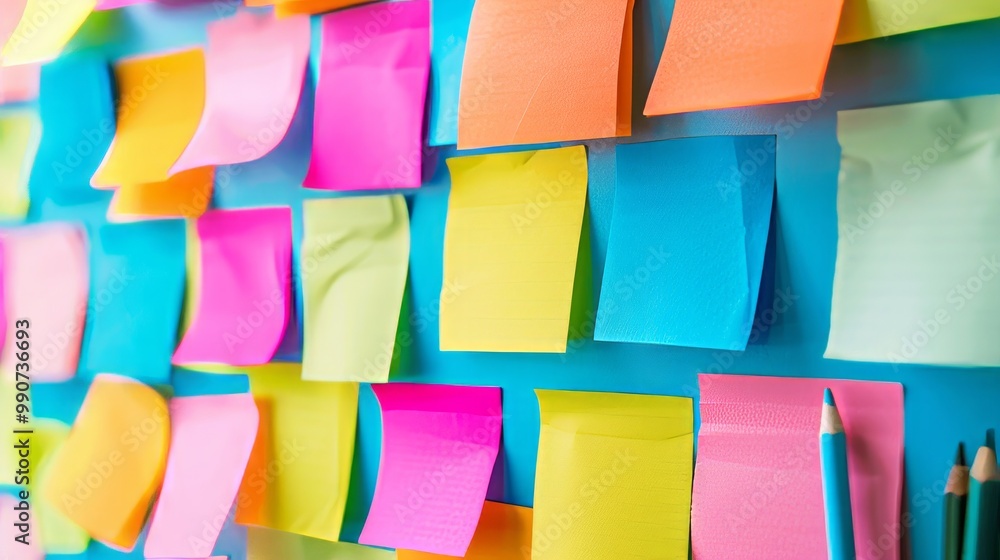 Poster the image depicts a collection of colorful blanc empty sticky notes attached to a wall or board.