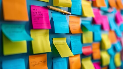 Fototapeta premium The image depicts a collection of colorful blanc empty sticky notes attached to a wall or board.