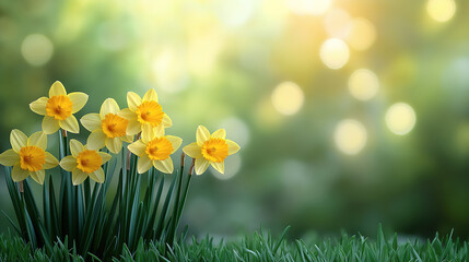 Obraz premium Yellow Daffodils in a Spring Background with Blurred Green Bokeh