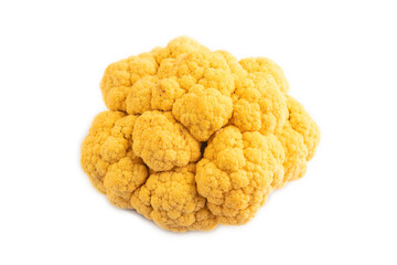 Yellow Cauliflower isolated on white, Side view, copy space