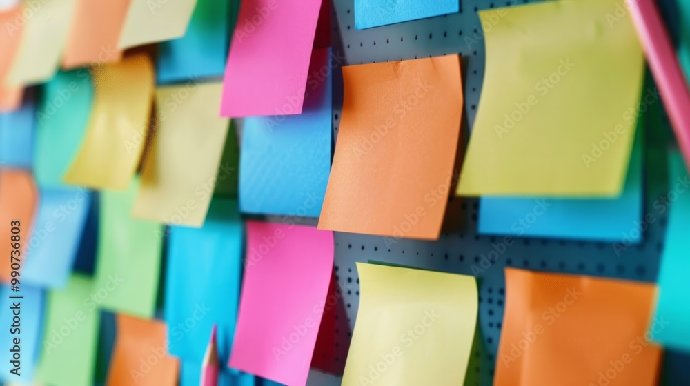 Poster the image depicts a collection of colorful blanc empty sticky notes attached to a wall or board.