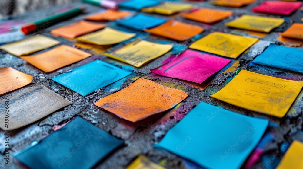 Poster the image depicts a collection of colorful blanc empty sticky notes attached to a wall or board.