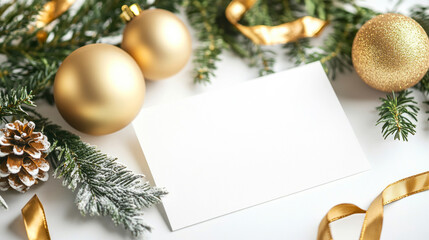 A festive arrangement featuring gold ornaments, pine branches, and a blank card, perfect for holiday greetings or decorations.