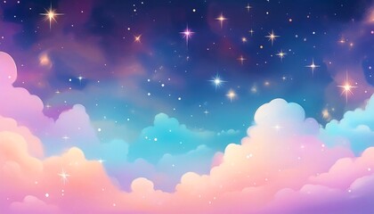 Beautiful fantasy sky illustration with pastel colored clouds is showing numerous bright stars