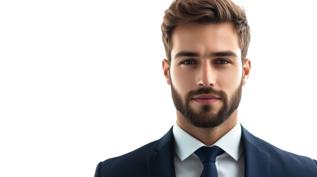 Elegancko ubrany mężczyzna, z profesjonalnym i zdecydowanym wyrazem twarzy, na przezroczystym tle.