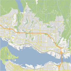 Map of North Vancouver in Canada in a normal road map style. Contains layered vector with roads water, parks, etc.