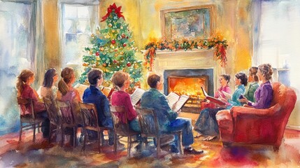 Fototapeta premium Choir Singing Carols in Cozy Living Room