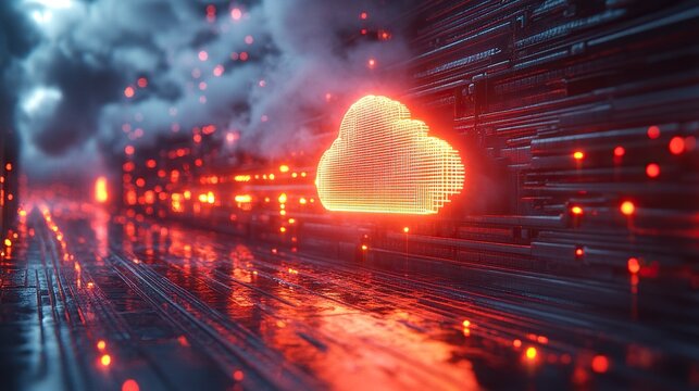 A visualization of a database center within cloud computing technology, showing a red light indicating an error problem.