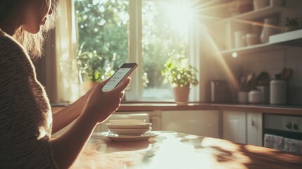 A person sitting at a kitchen table with morning sunlight streaming in, holding a phone. 