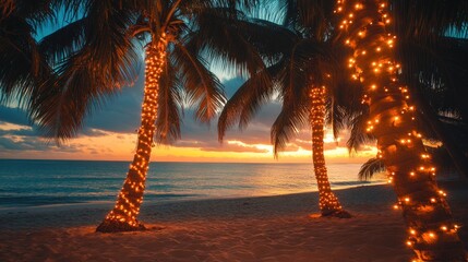 Palm Trees Adorned with String Lights on a Sandy Beach at Sunset