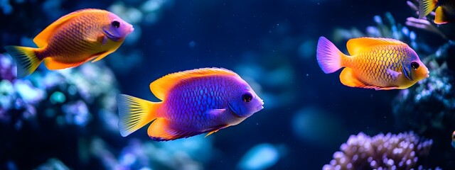 Fototapeta premium A group of colorful tropical fish swimming in the water, with vibrant colors and beautiful coral reefs around them