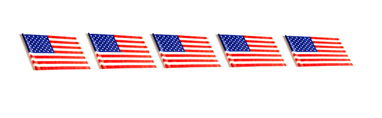 Line of USA flags in a row, for poster or banner isolated on white background.