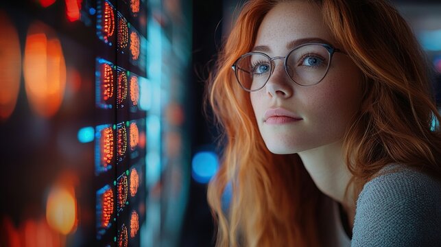 A woman works with supercomputers in a modern tech office, focusing on data protection and cybersecurity measures.