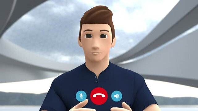 3d Animated Avatar in Blue Shirt, Participating in a Virtual Meeting. Online Communication, Interactive Features and Expressive Gestures in a Modern, Technologically Advanced App