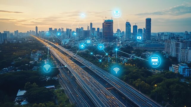 Aerial view of a cityscape with a highway and digital network icons.
