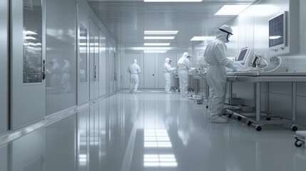 Obraz premium workers in protective gear performing quality checks in a sterile cleanroom