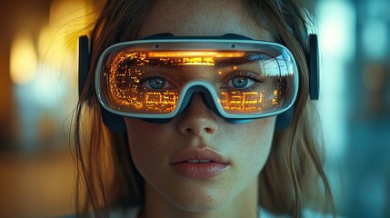 A young woman uses virtual reality technology, depicted in a close-up portrait, showcasing immersive digital experiences.